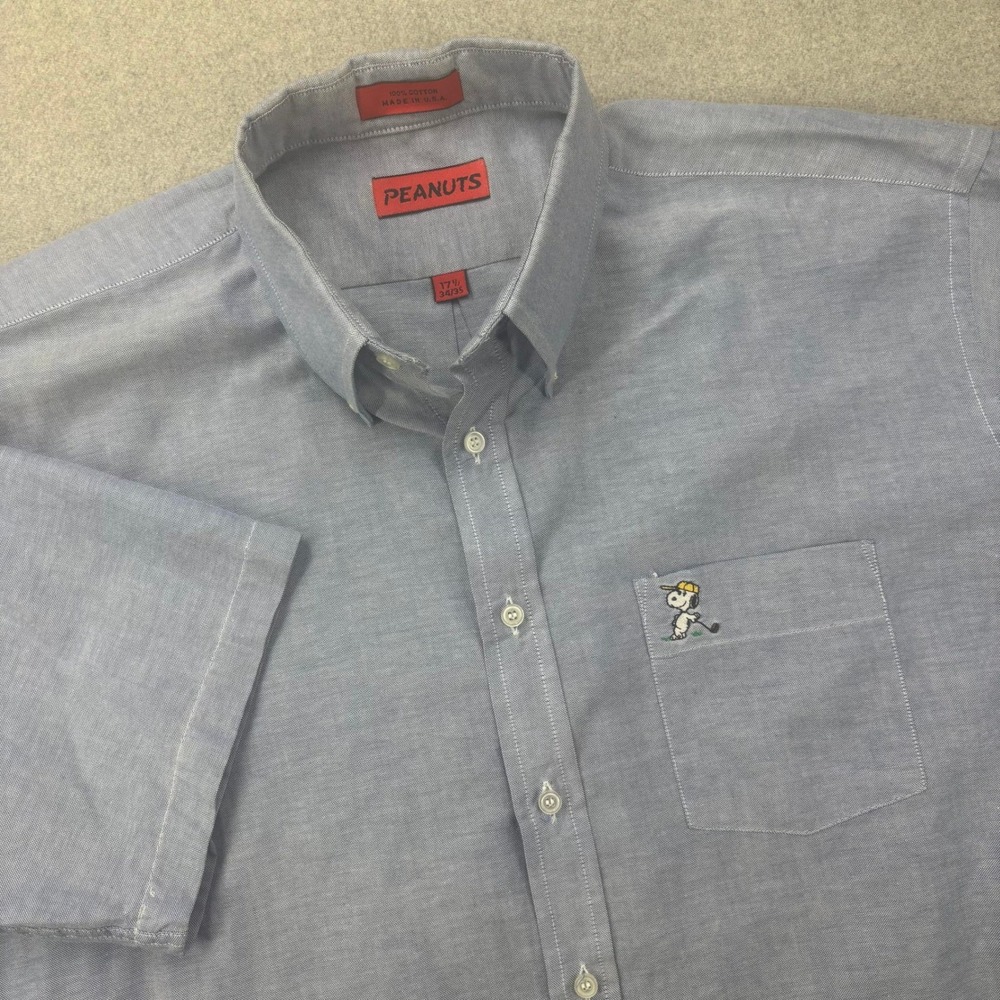 Vintage 80s PEANUTS Snoopy Golf Oxford Shirt‎ Mens 17.5 34/35 XXL Blue USA *READ